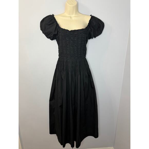 Caroline Constas Black Smocked Midi Dress women's Classic Casual Wardrobe Sz S - Picture 2 of 14